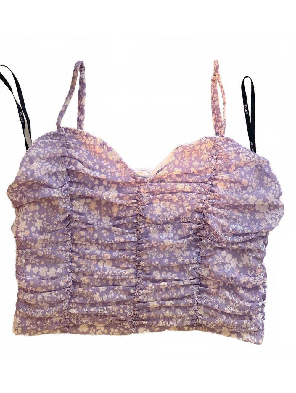 Forever 21 Lavender Floral Ruched Crop Top Spaghetti Straps Size M